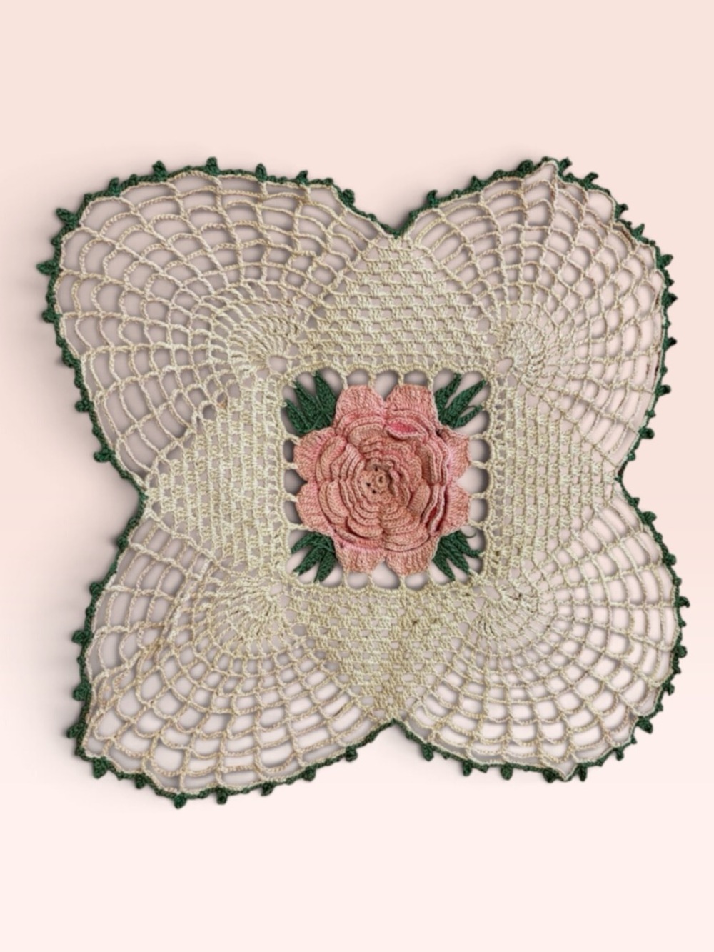 Handmade Crochet Rose Doily Pink 3D Flower Green Leaves 13" x 10"
